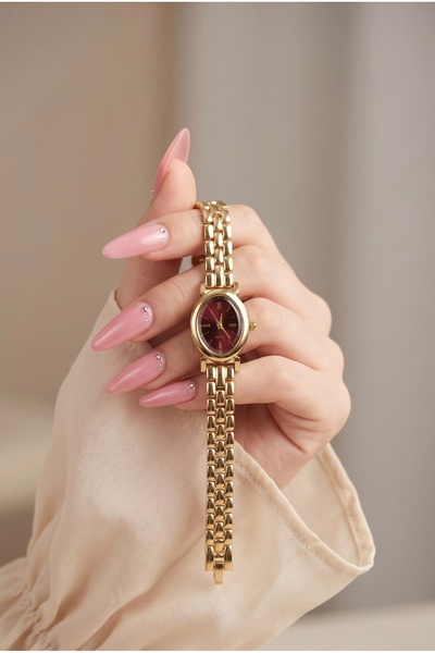 KLISHE Butik Kadın Çelik Saat Gold Renk & Bordo Kadran Oval Kasa Vintage Old ...