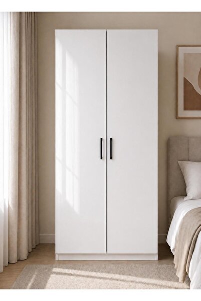 MODENZA %100 MDF Gardırop 2 Kapaklı 2 Askılı Giysi Dolabı - Beyaz
