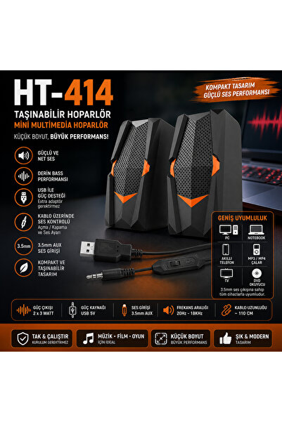kruxon HT-414 Taşınabilir Mini Hoparlör | USB Güçlü 2x3W Ses | 3.5mm AUX Giri...