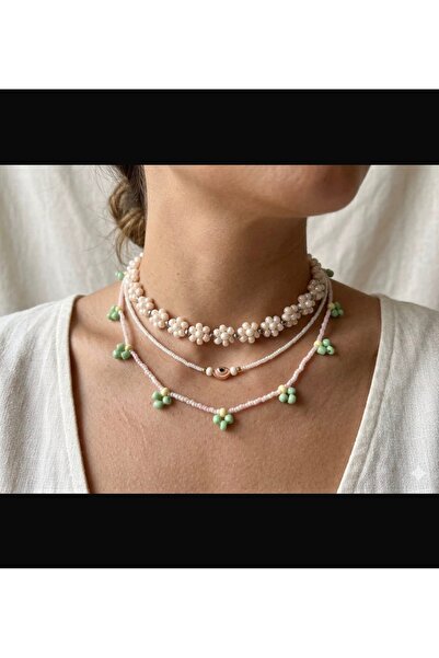 MyBalliStore Yazlık Bohem Boncuk Kolye Kombini (Üçlü Set) - Pembe ve Yeşil To...