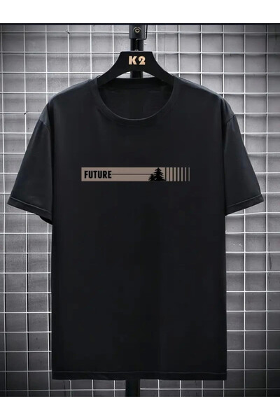 Efnaz style Printed Oversize Crew Neck T-Shirt - Black