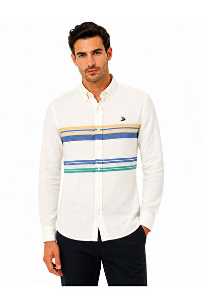 Yiğittekin Men's White Striped Long Sleeve Regular Fit Cotton Shirt