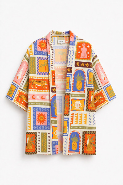 Vatkalimon Kadın Erkek Soyut Desenli %100 Pamuk Viskon Kimono
