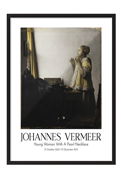 Postifull Johannes Vermeer - Devojka sa bisernom ogrlicom, slika u crnom okvi...