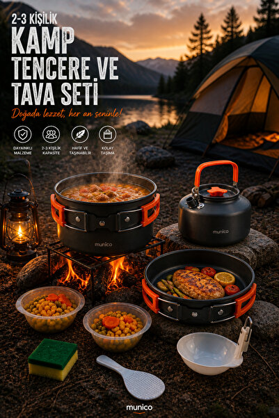 Munico Kamp Tencere Tava Çaydanlık Seti 5 Parça Katlanabilir Hafif Outdoor Ka...