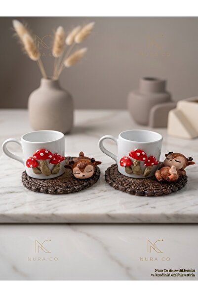 NURA CO Cute Squirrel and Mushroom Figured Porcelain Cup Set and Tree Log Pla...