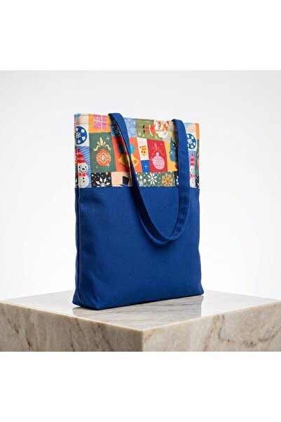 Atelier Dora Unisex Kış Temalı Kanvas Tote Çanta Mavi