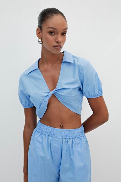 BSL %100 Cotton Burgulu Crop Bluz