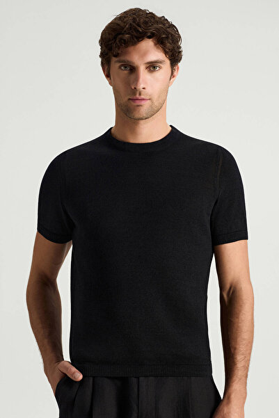 Hemington Keten Pamuk Karışım Bisiklet Yaka Siyah Triko T-Shirt