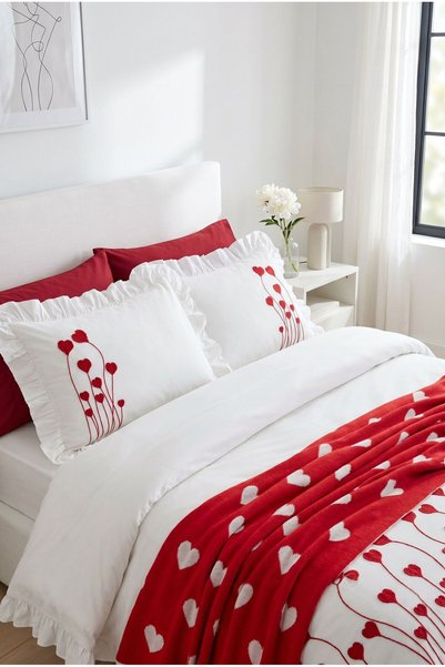 İK TEKSTİL Knitwear Blanket, 7-Piece Cotton Duvet Cover Set with Punch Heart Embroidery