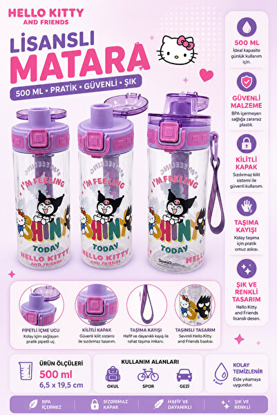 kuromi Hello Kitty And Friends Lisanslı 500 ML Matara – Pipetli, Kilitli Kapa...