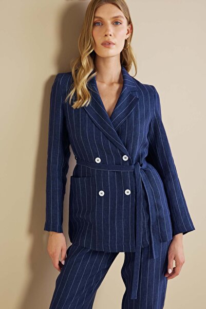 BROOKS BROTHERS Kadın Lacivert Çizgili %100 Keten Kruvaze Yarım Astar Çizgili...