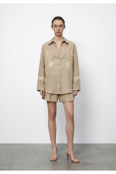 Quzu Embroidery Detailed Shirt Beige
