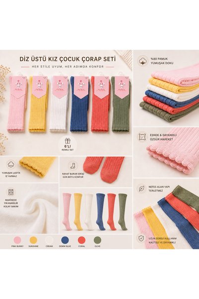 Pink Bunny gift for your baby Girls' Over-The-Knee Long Socks Set of 6 80% Cotton Colorful Socks