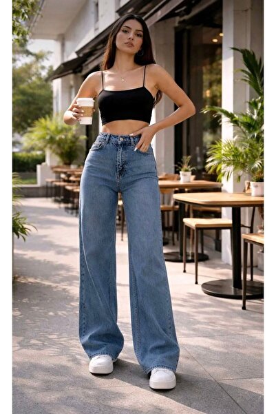 ON KLEEM Mavikaryıkama Lycra Super High Waist Loose Paca Denim Palazzo Jeans