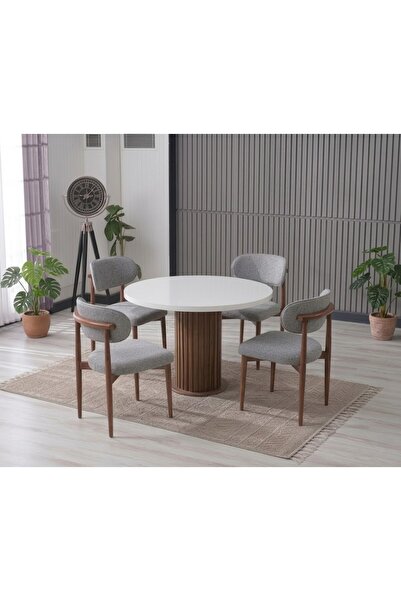 JoyMassa LİNA BOHEM 90x90 BEYAZ/AHŞAP YUVARLAK MASA & 4 POLO SANDALYE SETİ