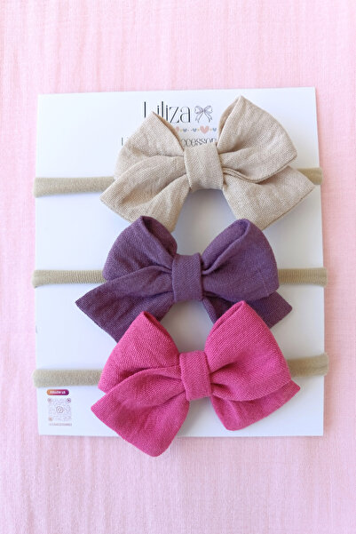 Liliza Accessories 3 Lü Keten Fiyonk Yenidoğan Bebek Bandı - Pembe, Mürdüm, Krem