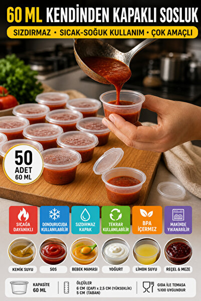 OpenCity 60 ML Kendinden Kapaklı Sosluk 50’li Set Sızdırmaz BPA İçermez Tekra...