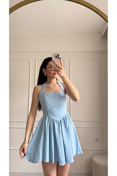 MODA MAVİ BOYUNDAN BAĞLAMALI ELBİSE