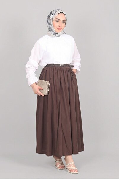 Norshen Brown Women's Draped Skirt with Belt Detail - Lined