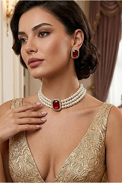 Happyline Cam İncili Gold Kaplama Baget Bordo Taşlı Tasma Choker Kolye Özel T...