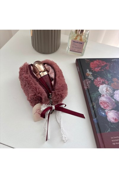 PİNKUE Plush Bow Detailed Mini Bag Accessory & AirPods Bag Keychain Claret Red