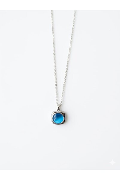 Rose and Light Blue Stone Square Model Necklace