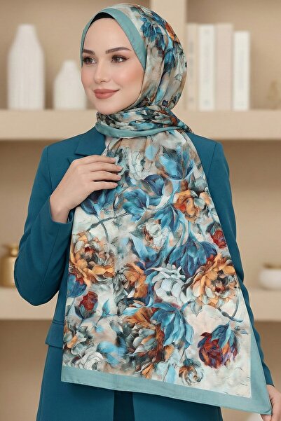 hadiora Women's Aqua Green Orange Floral Patterned Soft Shawl