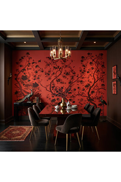 dekoartizan Kırmızı Siyah Kuş ve Ağaç Desenli Chinoiserie Retro Duvar Kağıdı ...