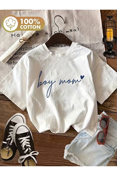 AEMİ Μπλουζάκι Unisex Boy Mom με στάμπα Oversize με λαιμόκοψη ποδηλάτου