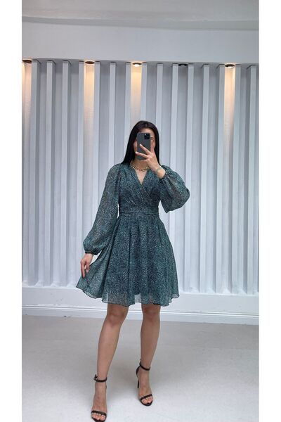 Nida Boutique Double-Breasted Collar Lined Patterned Short Chiffon Dress