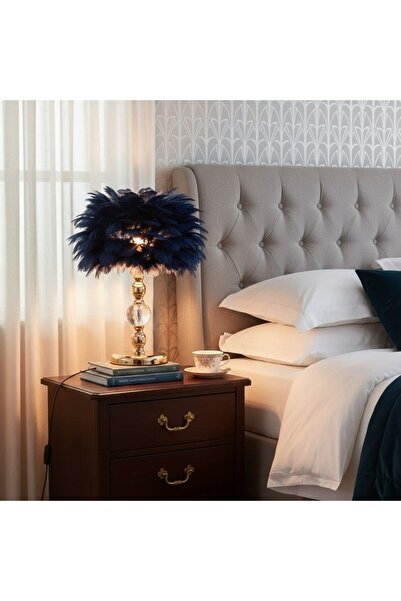Kardett Lampă decorativă cu pene albastre și bază aurie cu cristale, lampă modernă și glamuroasă pentru dormitor.
