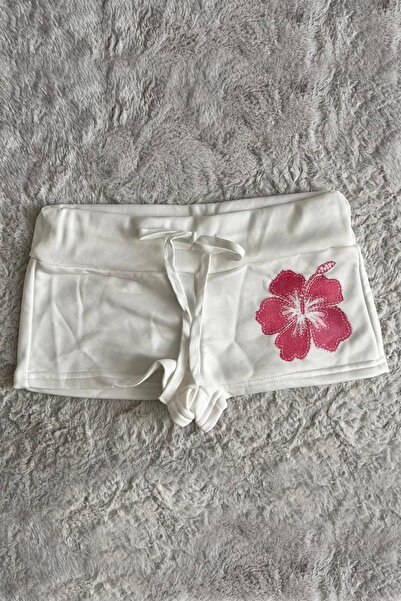 İlayda Toprak Flower Pink Floral Print Patterned Ecru Elastic Waist Lace-Up M...