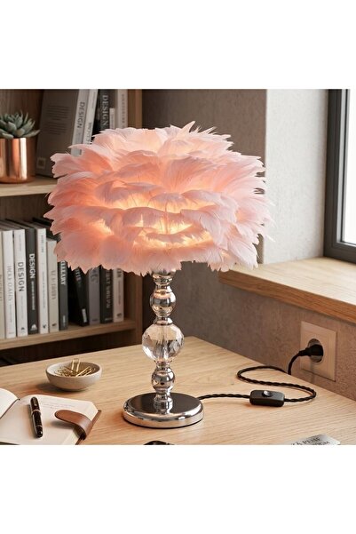 Kardett Lampă cu pene roz pal, cu bază argintie și cristale, lampă de masă decorativă elegantă pentru dormitor.
