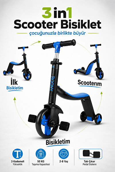 YILDIRIM OYUNCAK 3in1 Çocuk Scooter & Pedallı Denge Bisikleti – 2-6 Yaş Ayarl...