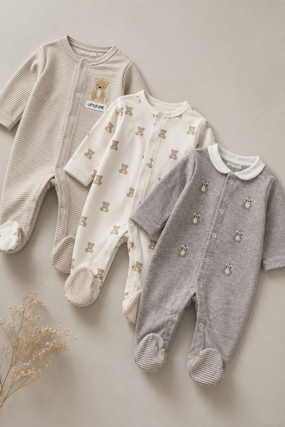 My Babies Label 3’lü Ayıcık&Çizgili Desenli Pamuklu Tulum