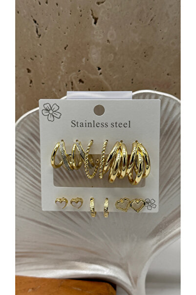 TAKIŞINA Çelik Gold Halka Küpe Seti - Gold