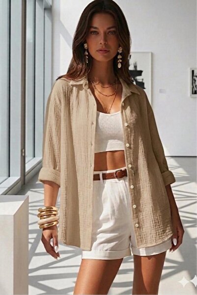 CAST COLLECTİON Kadın Bej Bürümcük Kumaş Oversize Gömlek