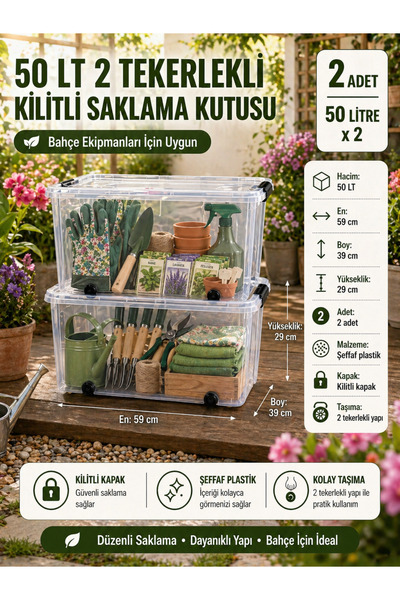 biedda 2 Adet 50 LT Tekerlekli Kilitli Ev Mutfak ve Kamp Saklama Kutusu Şeffa...