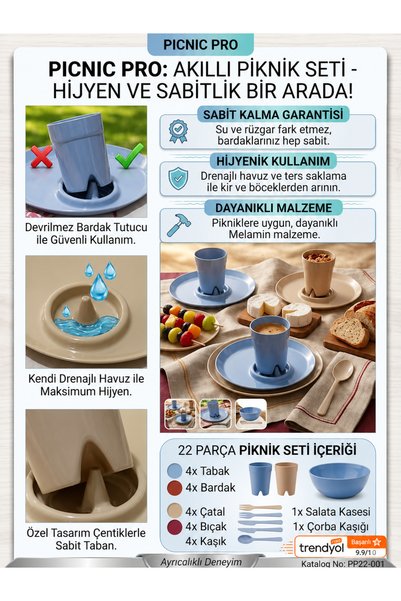 biedda 22 Parça 4 Kişilik Piknik Seti Taşıma Çantalı Tabak Bardak Çatal Kaşık Bıçak Takımı