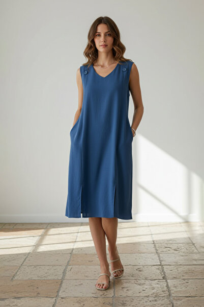 LAbute Women's Linen V-Neck Shoulder Button Detailed Slit Plus Size Dress
