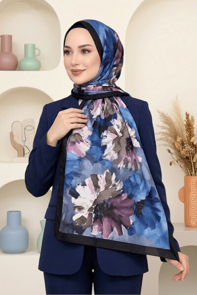 hadiora Women's Black Blue Abstract Floral Patterned Organic Cotton Soft Shawl