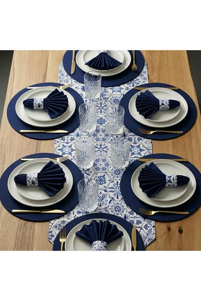 Econice American Service Set, New Season, 6 Cobalt Blue Supla, 6 Cobalt Blue Napkins, 6 Napkin Rings and Runner Cover Mavialtigen Tk