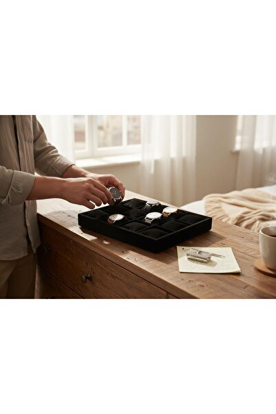 İmpala Kutu Watch and Jewelry Stand with 12 Compartments, Suede Fabric Coveri...