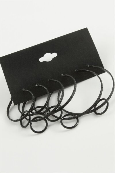 ZERO LAND Ilkeshop Dotted Interlocking Metal Hoop Earrings (05542) 6 Pcs-Black