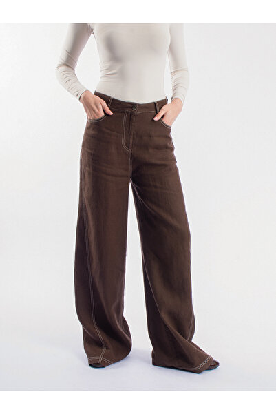 byözlemyazan Linen Colored Loose-Fit Trousers with Stitching Detail