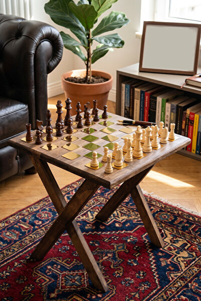 MiniVagon Wooden Chess Table with Crossed Legs Decorative Coffee Table Gold P...