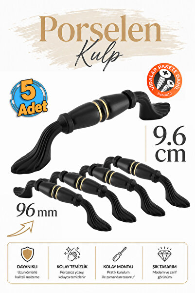 Badem10 (5 Adet) Nero Porselen Siyah Gold Kulp 96 mm 9.6 cm Mobilya Çekmece D...