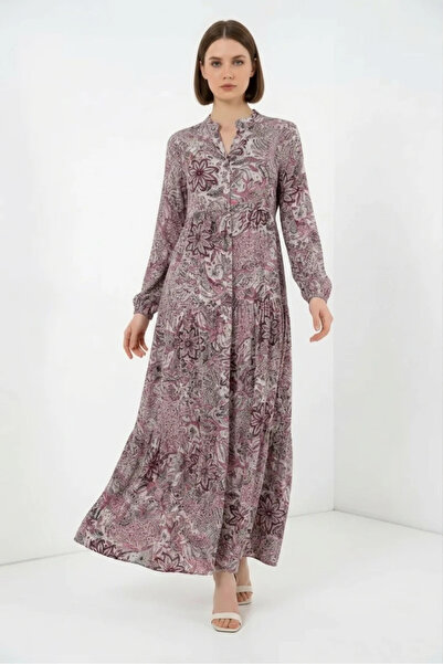 buğrahayalin Women's High Collar Gathered Waist Floral Patterned Viscose Gray...
