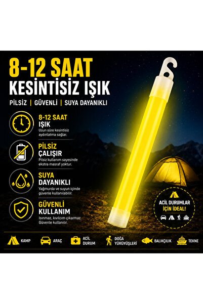 Glow Stick Kırılınca Parlayan Sarı Işıldak – 8-12 Saat Işık, Pilsiz, Suya Day...